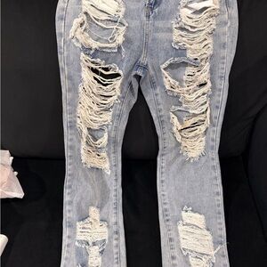 Trendy Distressed Women's Straight Leg Jeans in Light Blue